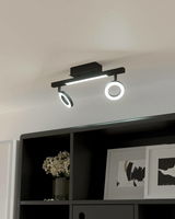 Moderne Deckenleuchte mit zwei runden, verstellbaren LED-Spots in einem eleganten schwarzen Design, von unten betrachtet.