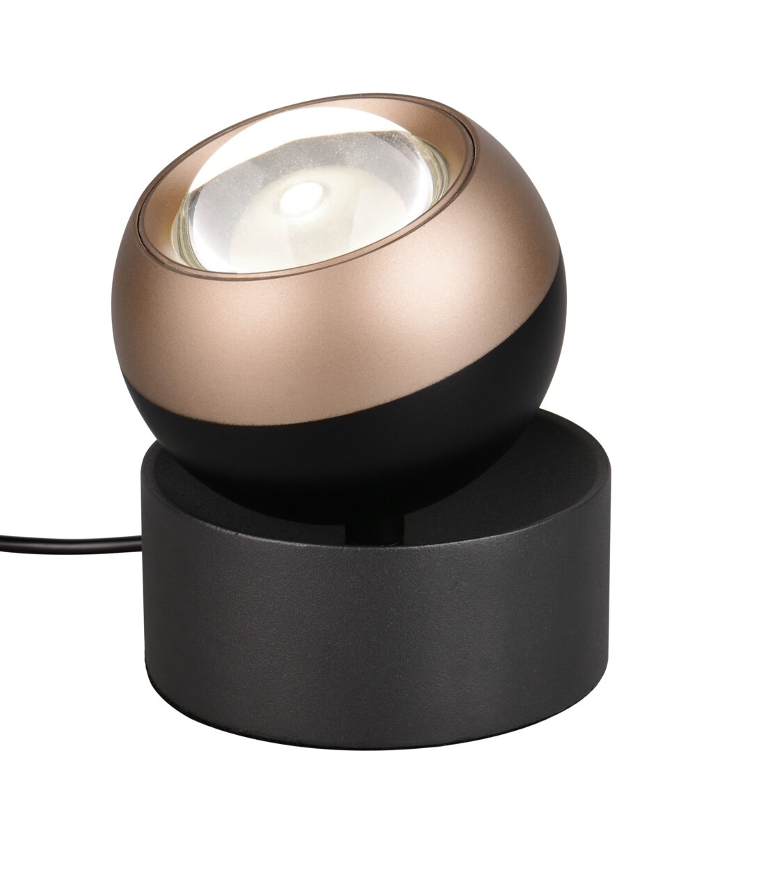 Moderne tafellamp ORBIT met bolvormig ontwerp op een cilindrische voet, gezien vanaf de zijkant.