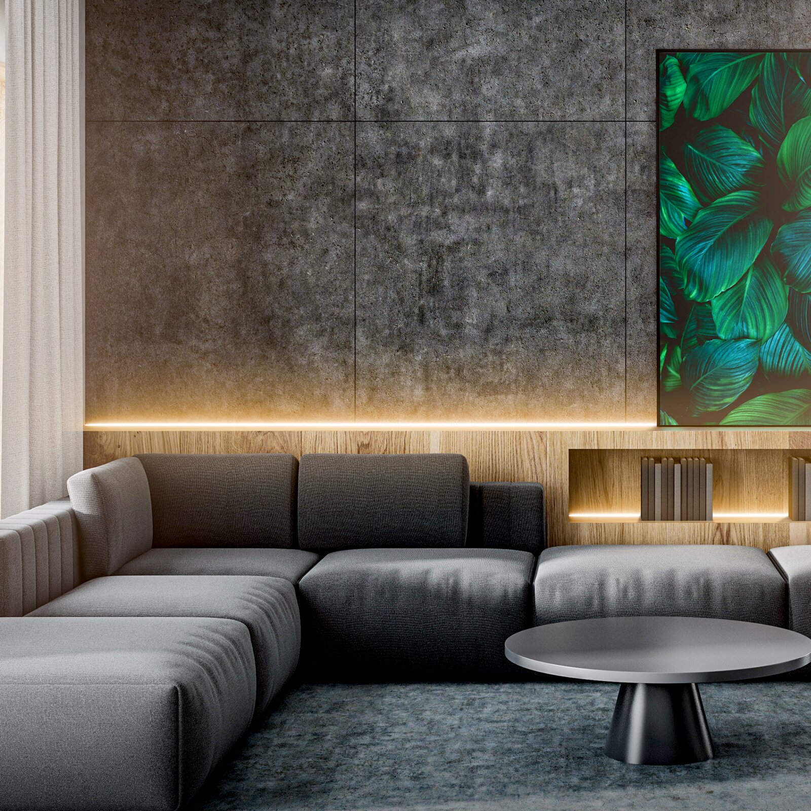 Modernes Wohnzimmer mit grauem Ecksofa und rundem Couchtisch vor Betonoptik-Wand mit Holzregal und indirekter LED-Beleuchtung; Perspektive: frontale Innenraumansicht auf Sitzgruppe und Wand.