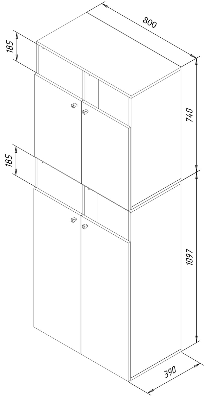 Technische isometrische Zeichnung eines zweitürigen, zweiteiligen Schranks mit Maßangaben (Breite 800 mm, Tiefe 390 mm, Höhen 740 mm und 1097 mm) in schräger Frontansicht von oben.