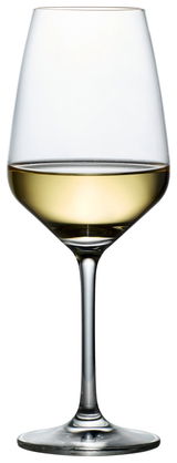 Weinglas Tulip, seitliche Ansicht, gefüllt mit Weißwein