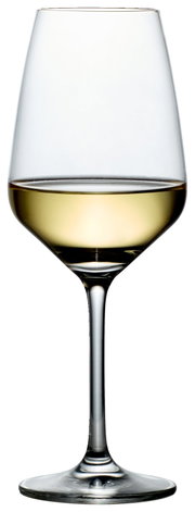 Wijnglas Tulip, zijaanzicht, gevuld met witte wijn