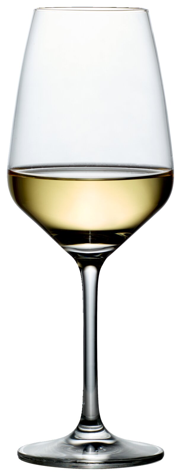 Wijnglas Tulip, zijaanzicht, gevuld met witte wijn