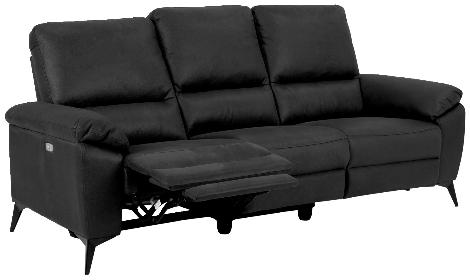 Schwarzes 3-Sitzer-Sofa mit ausgefahrenem Fußteil, seitliche Perspektive