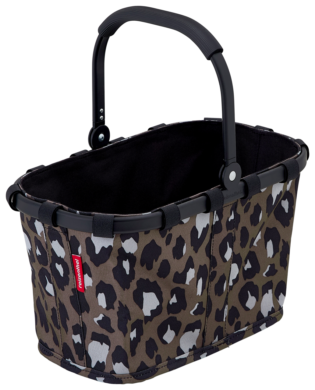 Reisenthel Carrybag XS Leo Chocolate Leopardenmuster-Einkaufskorb mit schwarzem Griff, seitliche Perspektive