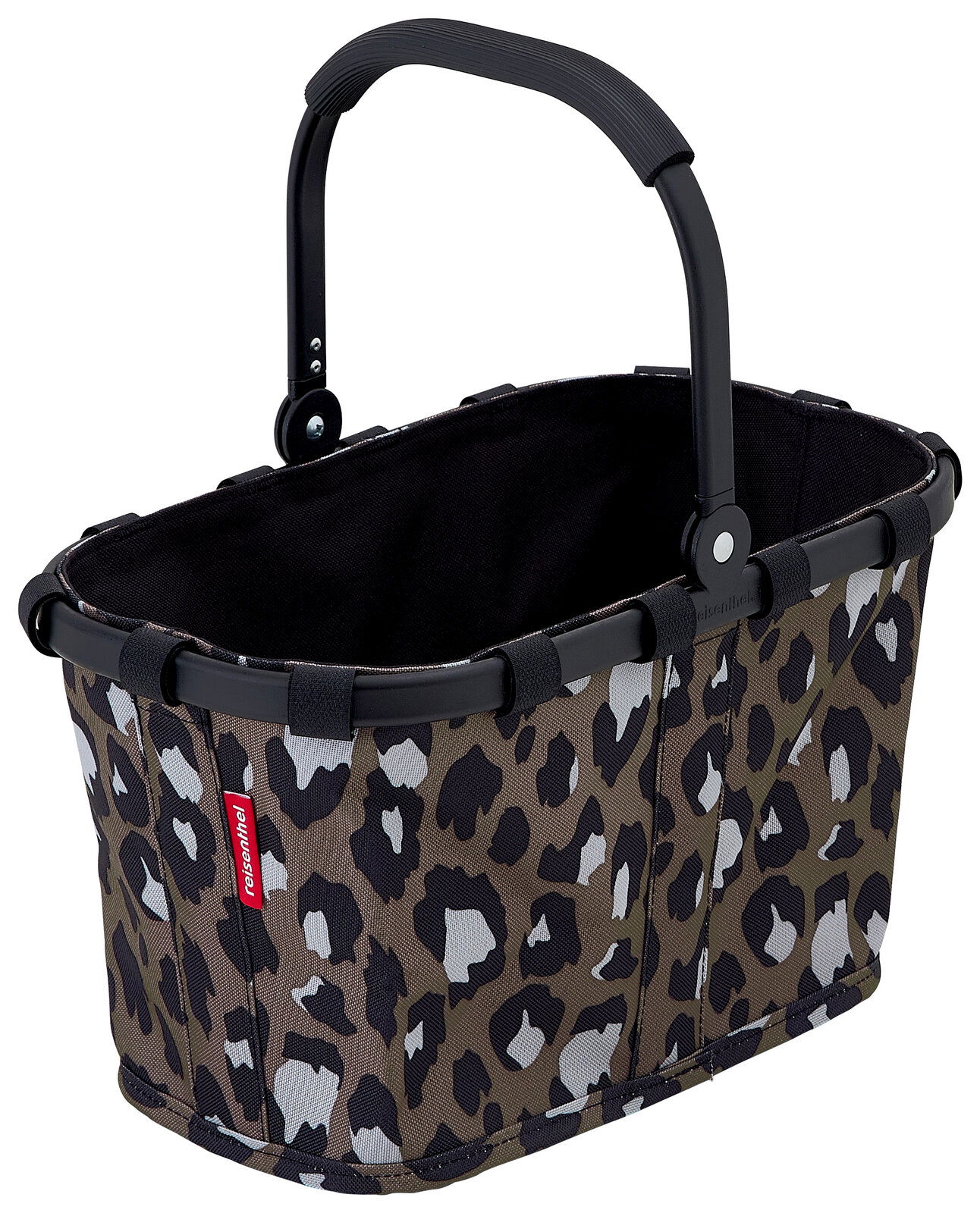 Leopardenmuster-Einkaufskorb mit schwarzem Griff, seitliche Perspektive