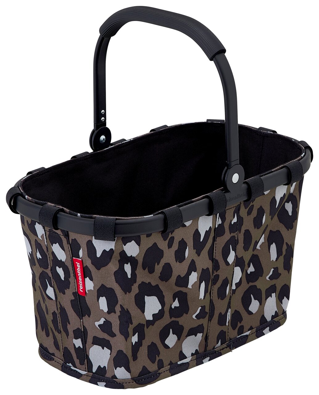 Reisenthel Carrybag XS Leo Chocolate Leopardenmuster-Einkaufskorb mit schwarzem Griff, seitliche Perspektive