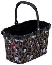 Leopardenmuster-Einkaufskorb mit schwarzem Griff, seitliche Perspektive