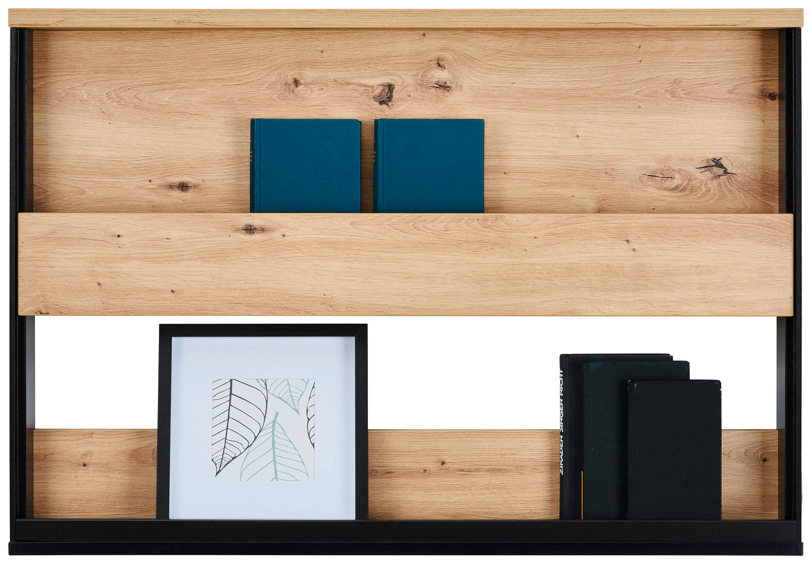 Hängeregal aus Holz mit zwei Fächern, gefüllt mit Büchern und einem gerahmten Bild, frontale Ansicht