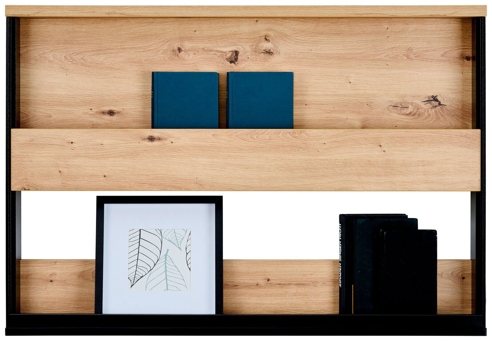 Hängeregal aus Holz mit zwei Fächern, gefüllt mit Büchern und einem gerahmten Bild, frontale Ansicht