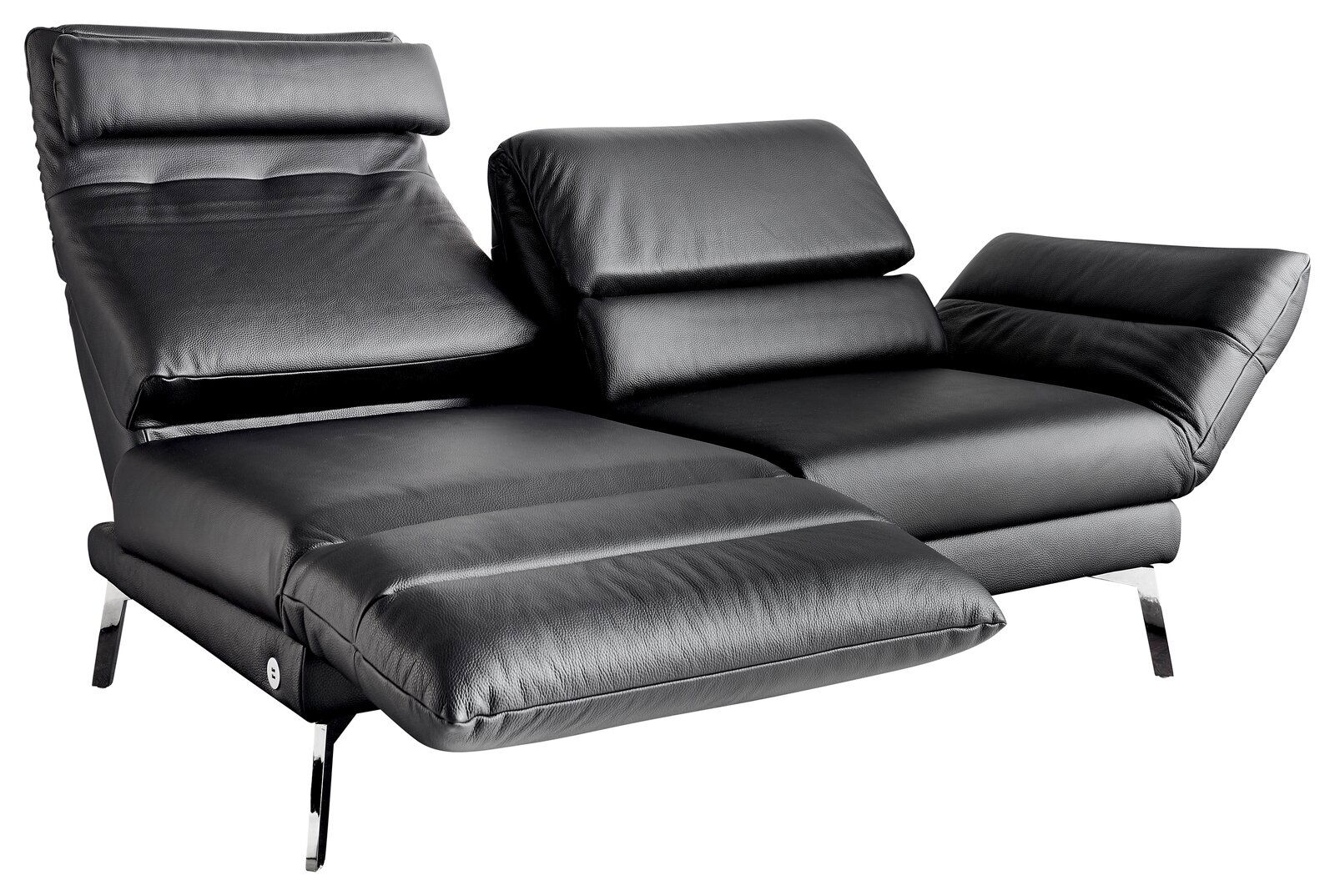 Modernes schwarzes Ledersofa mit verstellbaren Rückenlehnen und Metallfüßen, seitliche Perspektive