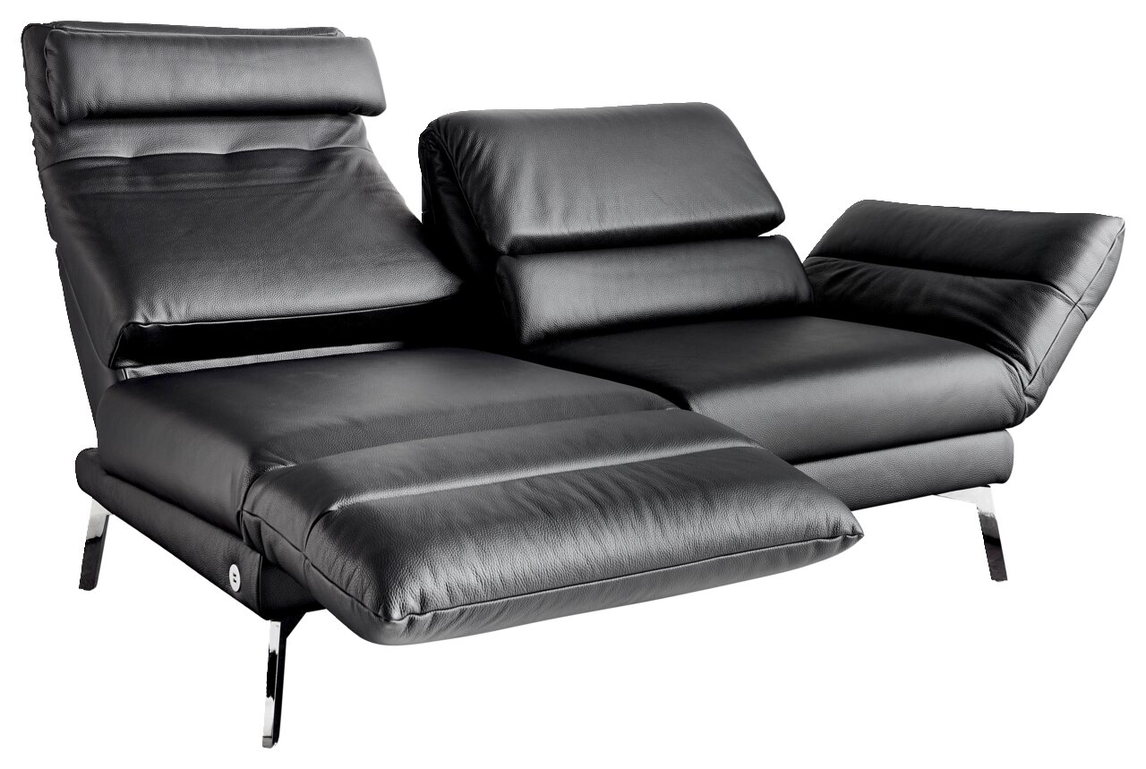 Modernes schwarzes Ledersofa mit verstellbaren Rückenlehnen und Metallfüßen, seitliche Perspektive