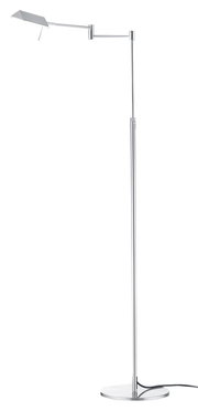 Moderne LED-Stehleuchte JOHANN in seitlicher Ansicht mit schlankem, verstellbarem Arm und rundem Sockel.