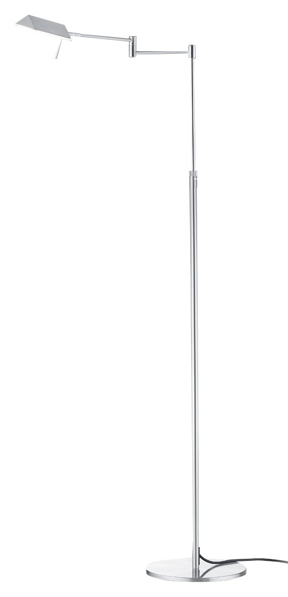 Moderne LED-Stehleuchte JOHANN in seitlicher Ansicht mit schlankem, verstellbarem Arm und rundem Sockel.