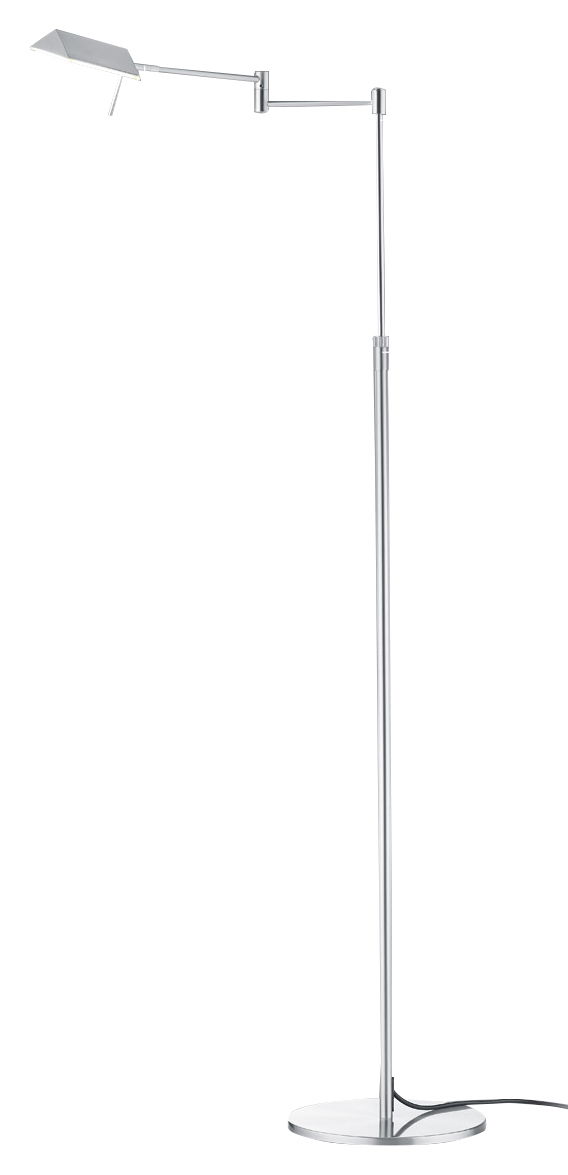 Moderne LED-Stehleuchte JOHANN in seitlicher Ansicht mit schlankem, verstellbarem Arm und rundem Sockel.