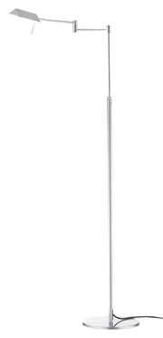 Moderne LED-Stehleuchte JOHANN in seitlicher Ansicht mit schlankem, verstellbarem Arm und rundem Sockel.