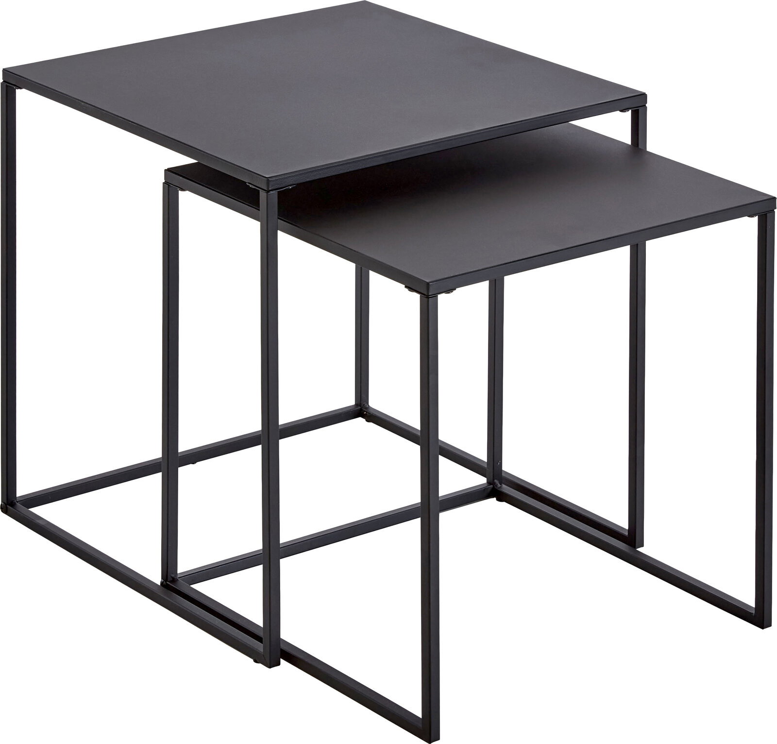 Zwei ineinander schiebbare Beistelltische im Set, schwarzes Metallgestell mit rechteckigen Tischplatten, fotografiert in schräger Vorderansicht von oben