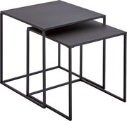 Zwei ineinander schiebbare Beistelltische im Set, schwarzes Metallgestell mit rechteckigen Tischplatten, fotografiert in schräger Vorderansicht von oben