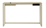 Moderner Konsolentisch oder Schreibtisch aus Metall in Beige, frontal betrachtet.