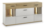 Modernes Sideboard mit Holz- und Weißtönen, zwei Schubladen und offenen Fächern mit Beleuchtung, seitliche Perspektive.