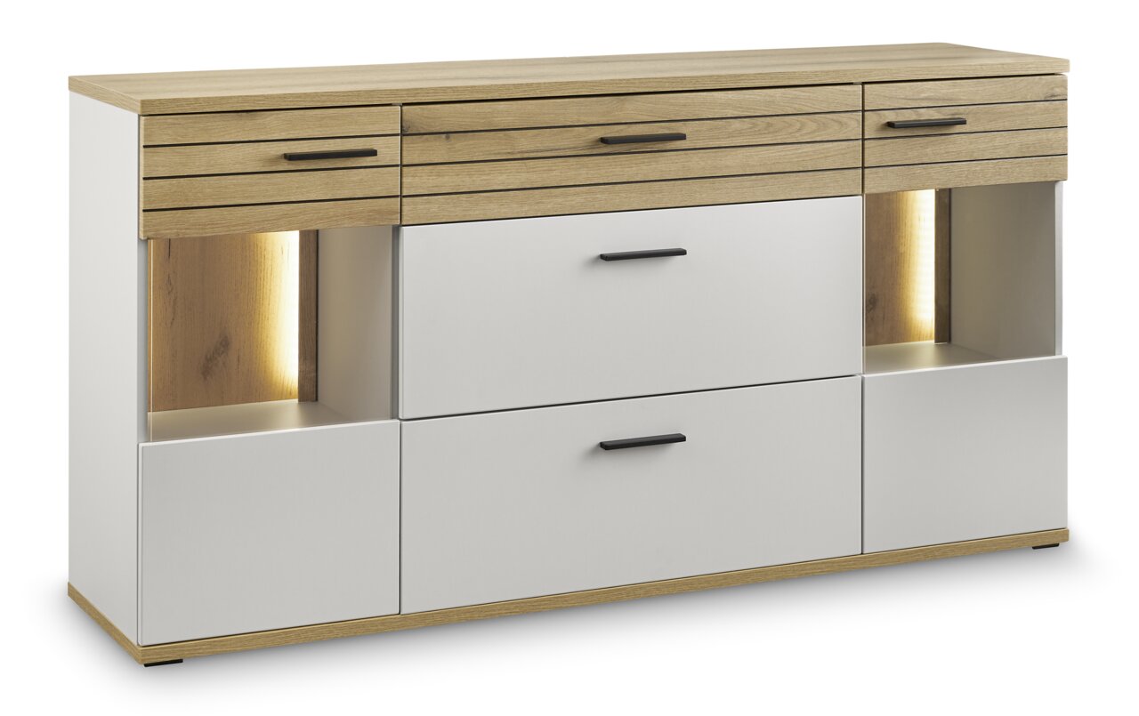 Set one by Musterring Sideboard SET ONE QUINCY Modernes Sideboard mit Holz- und Weißtönen, zwei Schubladen und offenen Fächern mit Beleuchtung, seitliche Perspektive.