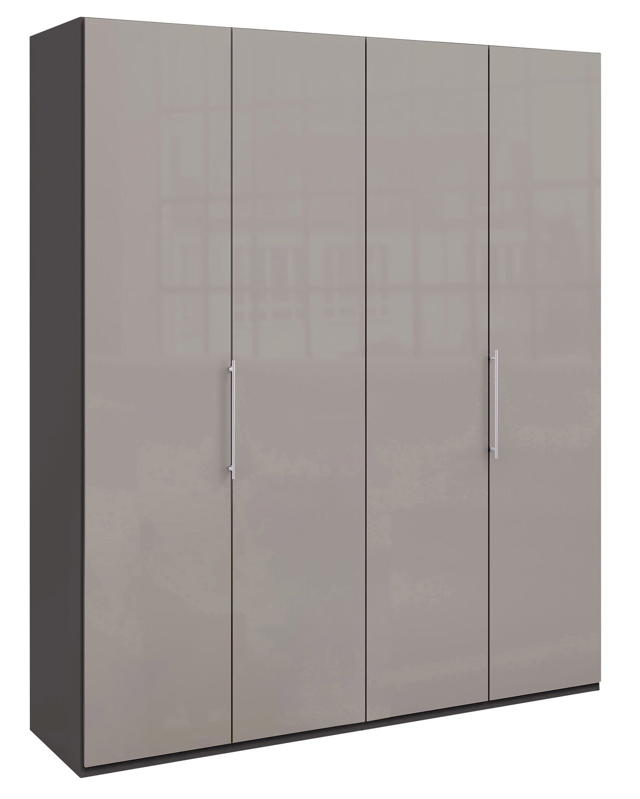 Venda Panoramaschrank LOFT Panoramaschrank in grauem Hochglanz mit vier Türen und silbernen Griffen, Frontalansicht