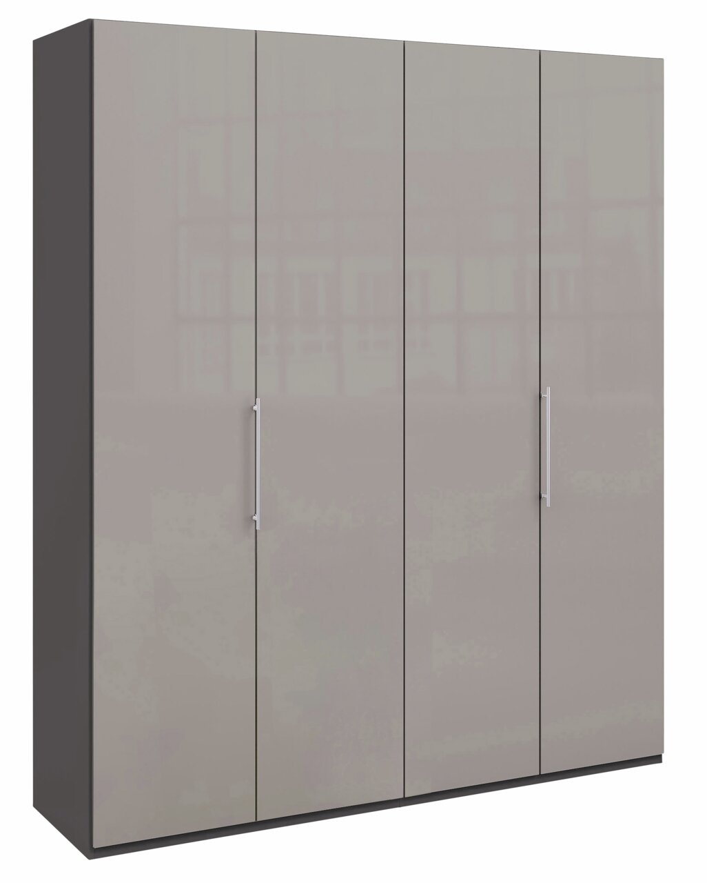 Panoramaschrank in grauem Hochglanz mit vier Türen und silbernen Griffen, Frontalansicht