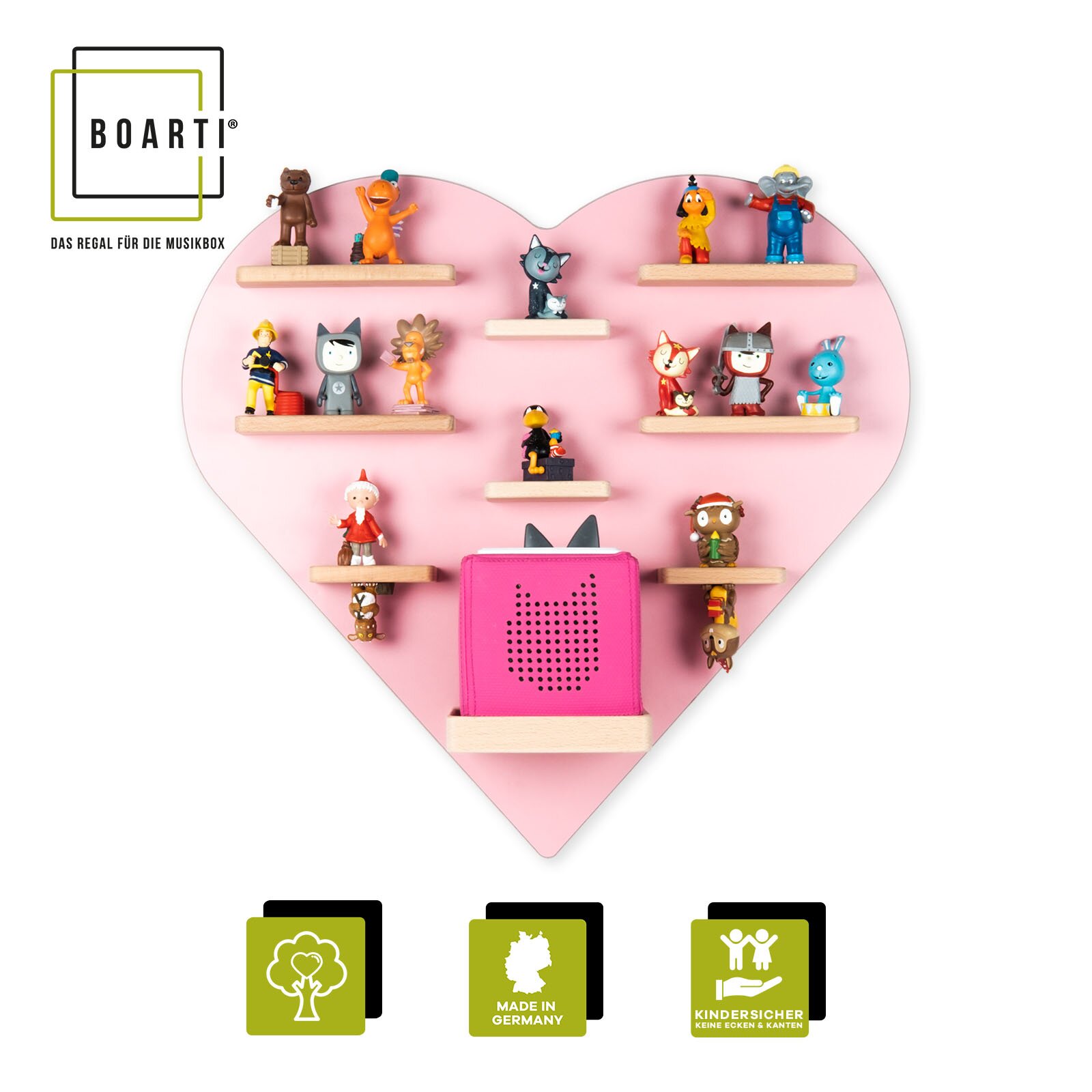 Herzförmiges BOARTI Wandregal in Rosa mit mehreren kleinen Holzablagen für Tonie-Figuren und einer großen Ablage für eine Musikbox, Frontansicht.