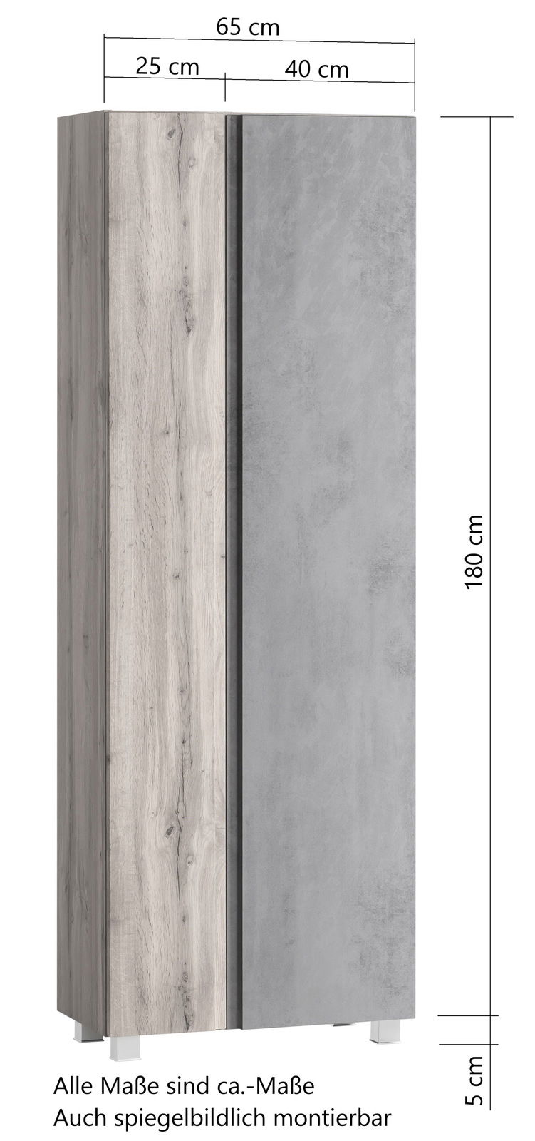 Hochschrank 65 cm mit Holz- und Betonoptik, Frontansicht