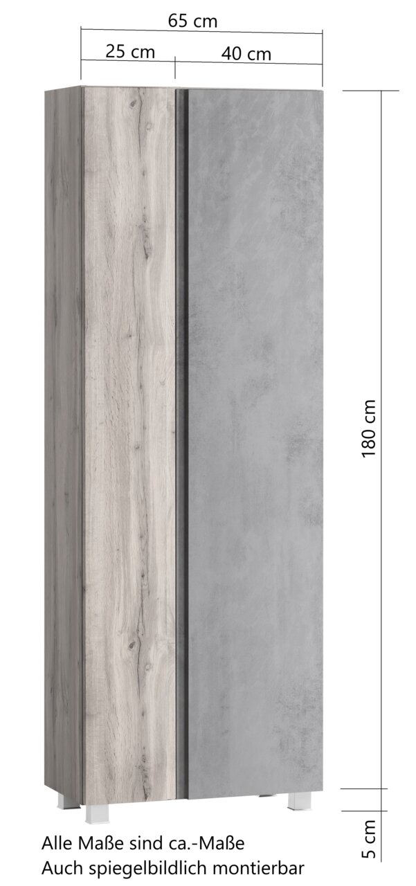 Hochschrank 65 cm mit Holz- und Betonoptik, Frontansicht