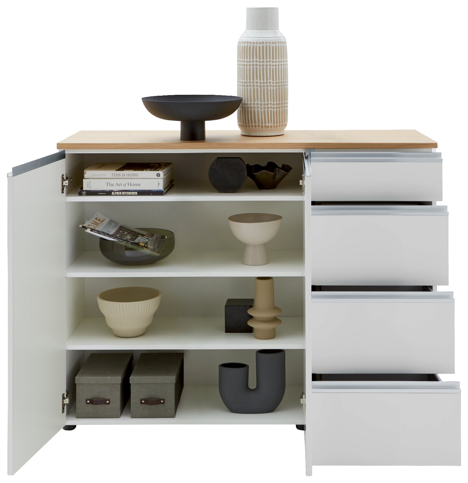 Combinatiecommode 135 met geopende deur en lades, versierd met vazen en schalen, gezien vanaf de voorkant