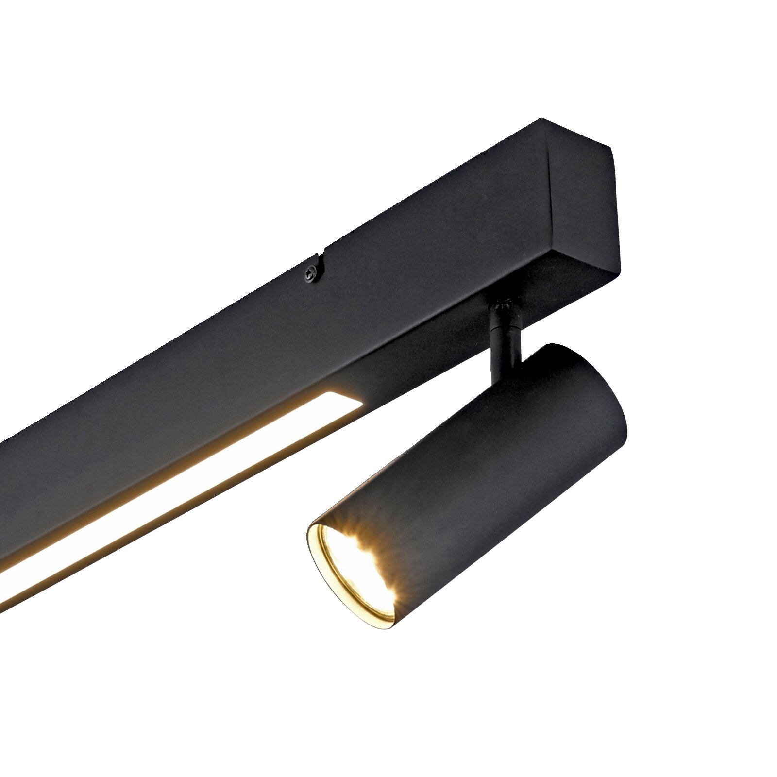 Schwarze, moderne Deckenleuchte mit linearer LED-Lichtleiste und zylindrischem Spot, eingeschaltet; Perspektive: Nahaufnahme von unten in schräger Ansicht.