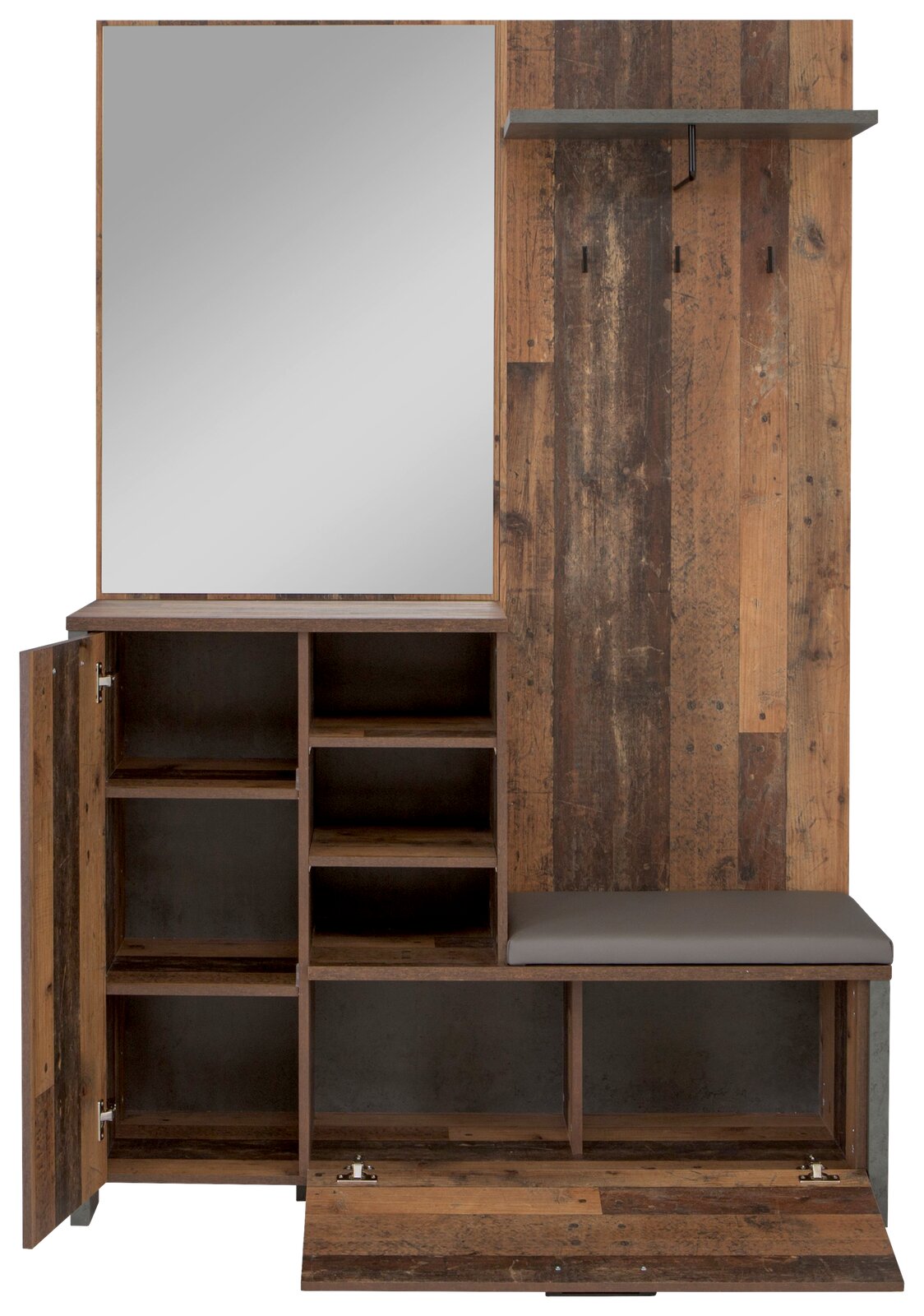 Garderobe aus Holz mit Spiegel, offenen Regalfächern und Sitzbank, frontal betrachtet.
