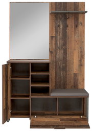 Garderobe aus Holz mit Spiegel, offenen Regalfächern und Sitzbank, frontal betrachtet.