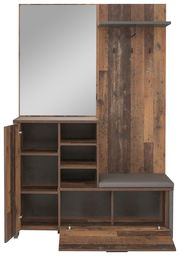 Garderobe aus Holz mit Spiegel, offenen Regalfächern und Sitzbank, frontal betrachtet.