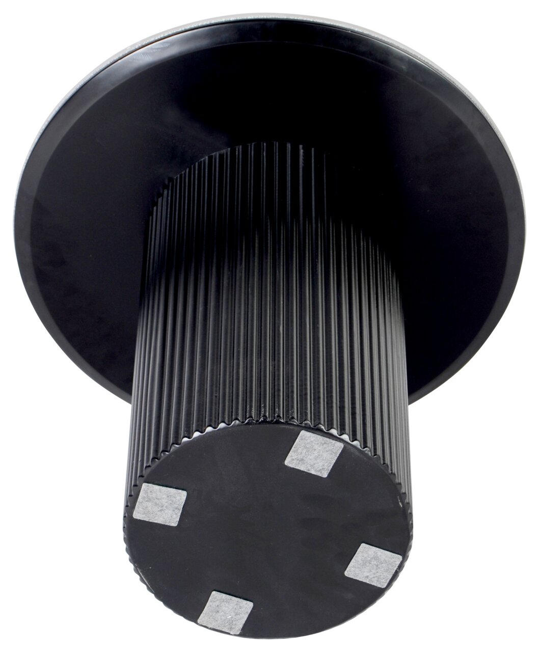 Schwarzer Beistelltisch mit geriffeltem Zylindersockel, Ansicht von unten