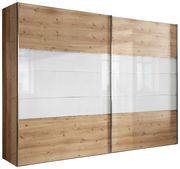 Zweiflügeliger Schwebetürenschrank in Holzoptik mit weißen Glaselementen, Frontalansicht