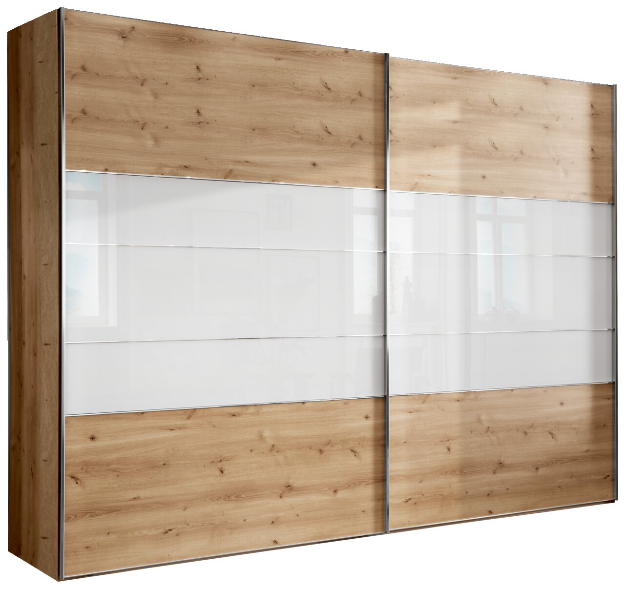 Zweiflügeliger Schwebetürenschrank in Holzoptik mit weißen Glaselementen, Frontalansicht
