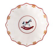 Porzellanschale mit Schaukelpferd-Motiv, von oben betrachtet, mit roten und goldenen Verzierungen.