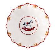 Porzellanschale mit Schaukelpferd-Motiv, von oben betrachtet, mit roten und goldenen Verzierungen.