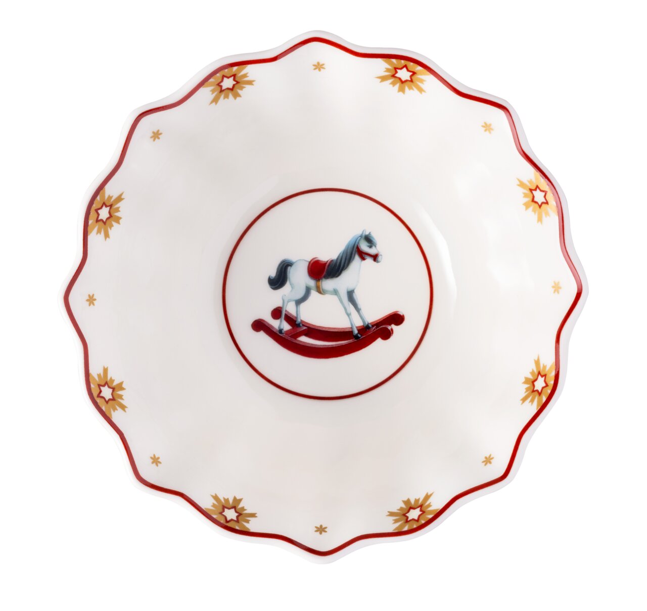 Porzellanschale mit Schaukelpferd-Motiv, von oben betrachtet, mit roten und goldenen Verzierungen.