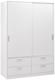 Weißer, zweitüriger Schiebetürenschrank mit vier Schubladen, frontal abgebildet.