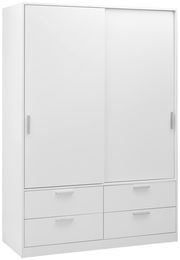 Weißer, zweitüriger Schiebetürenschrank mit vier Schubladen, frontal abgebildet.