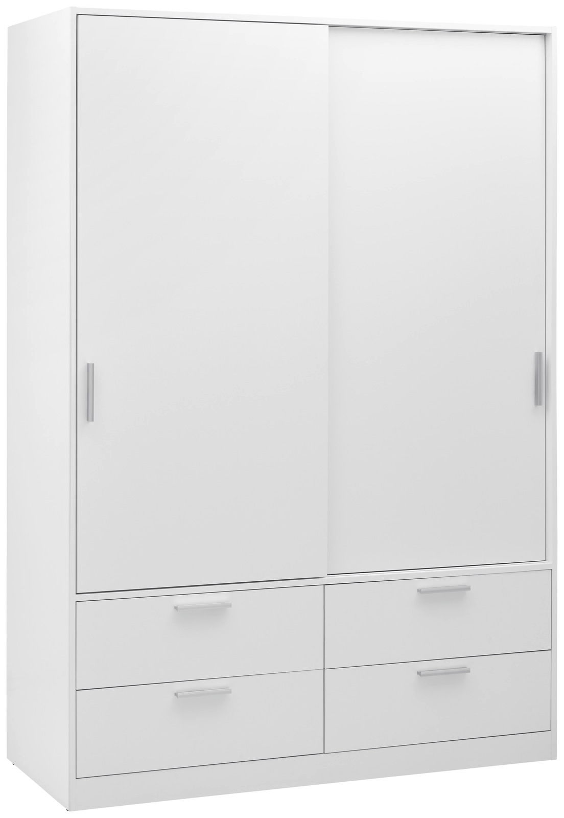 Weißer, zweitüriger Schiebetürenschrank mit vier Schubladen, frontal abgebildet.