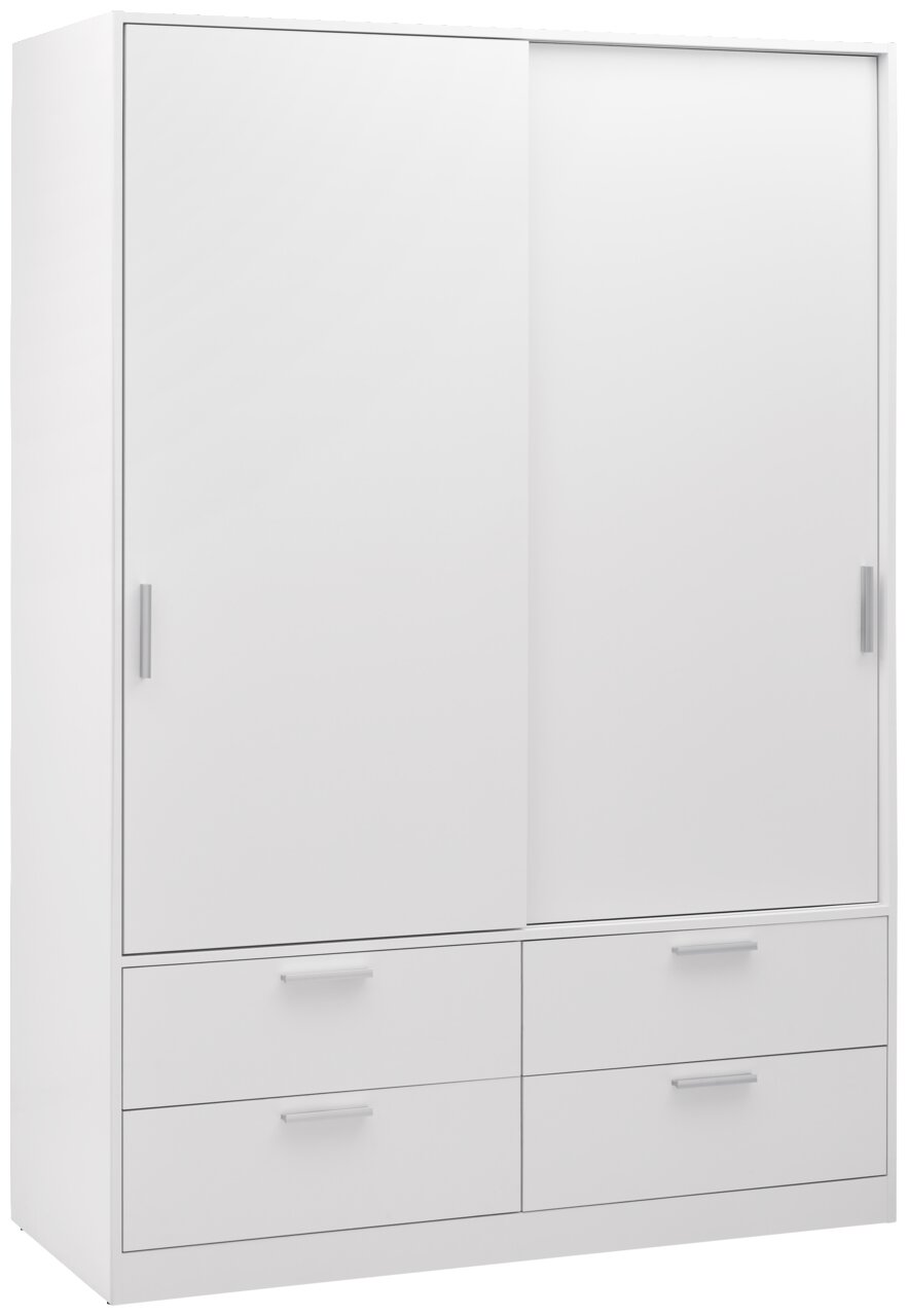 Witte kast met twee schuifdeuren en vier lades, afgebeeld van voren.