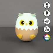 Niedliches Akku-Nachtlicht in Eulenform mit leuchtendem Kopf und braunem Körper, Vorderansicht