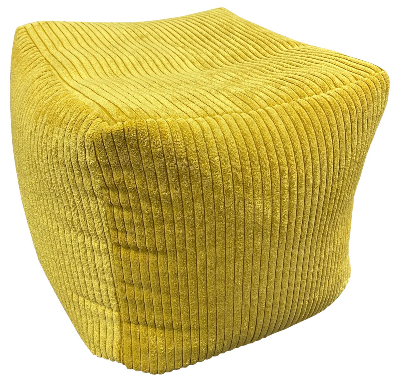 Gelber Sitzhocker mit gerippter Textur, aus schräger Perspektive fotografiert.