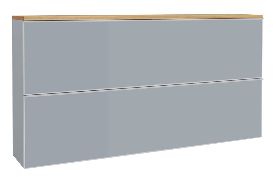 Modernes, wandhängendes Badmöbel/Waschtischunterschrank in Hellgrau mit zwei breiten Schubladen und Holz-Abdeckplatte, frontale Ansicht leicht von links vor weißem Hintergrund.