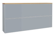 Modernes, wandhängendes Badmöbel/Waschtischunterschrank in Hellgrau mit zwei breiten Schubladen und Holz-Abdeckplatte, frontale Ansicht leicht von links vor weißem Hintergrund.