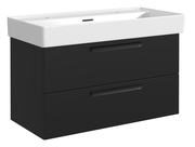 Schwarzes Waschtisch-Set mit zwei Schubladen und weißem Waschbecken, seitliche Perspektive